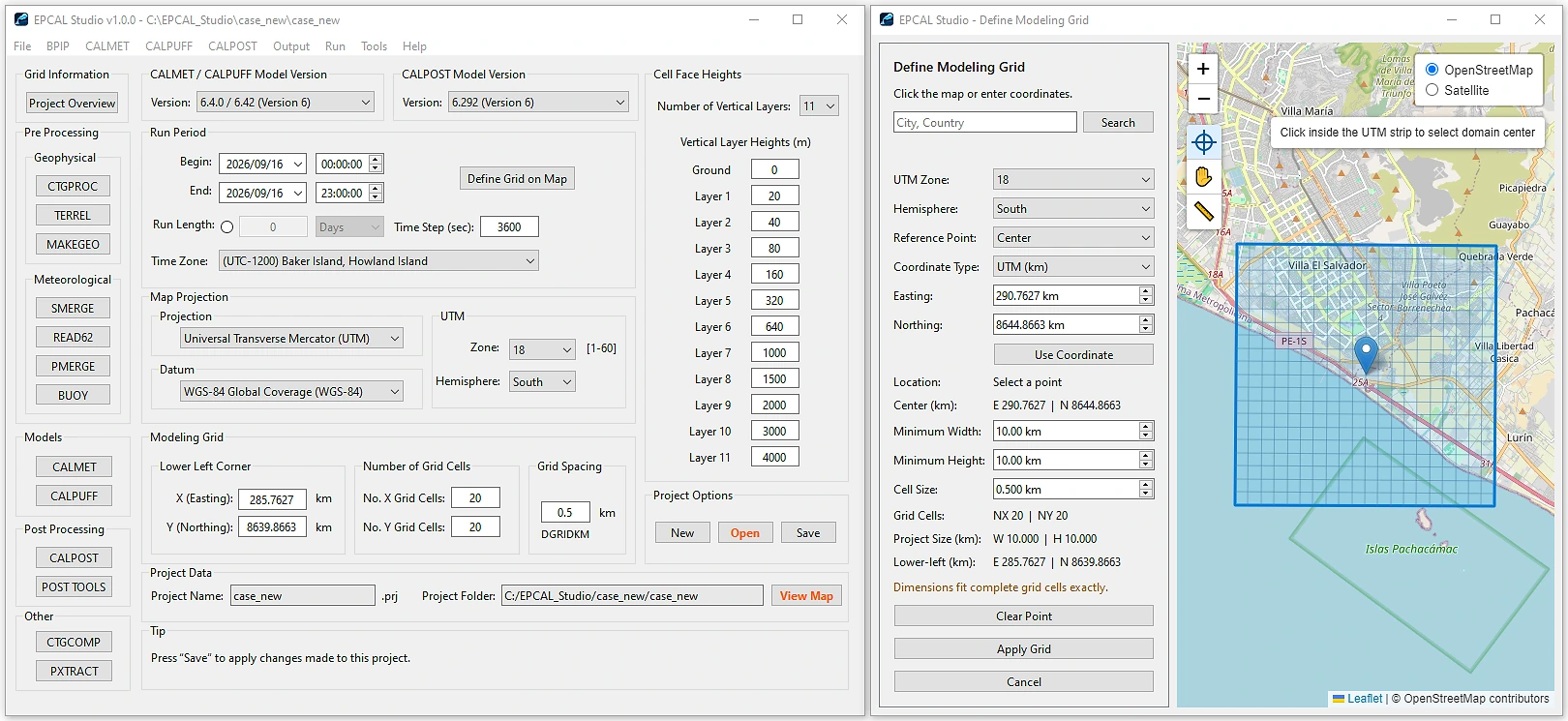 EPCAL Studio Define Modeling Grid: ubicación y malla del dominio